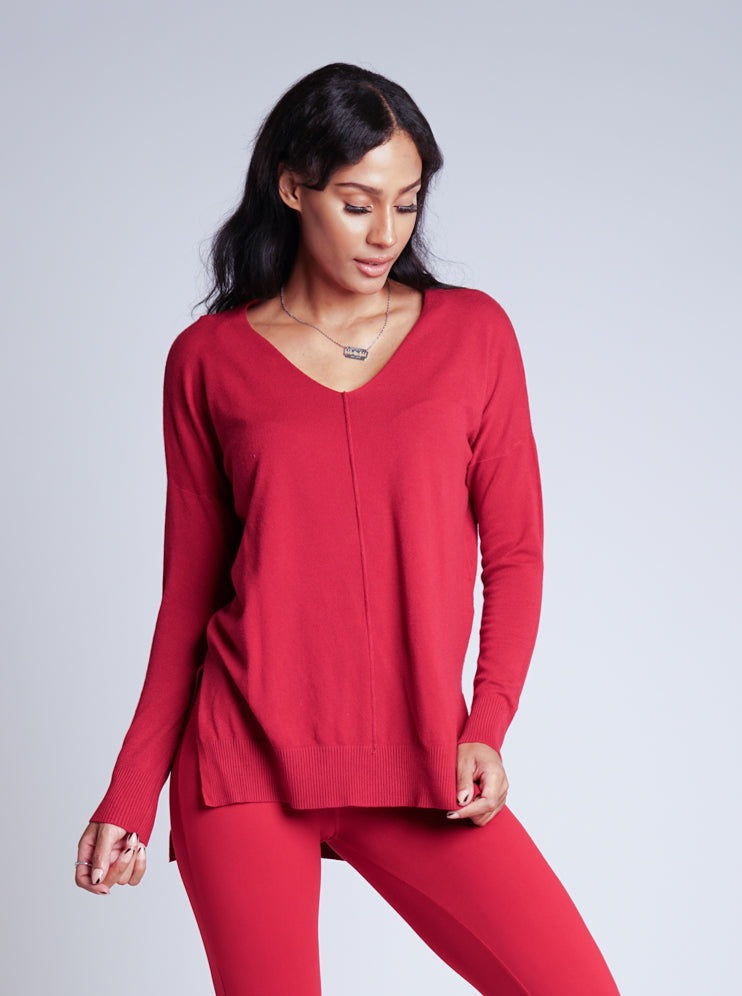 Basic High/Low V Neck Sweater | Deep Red
